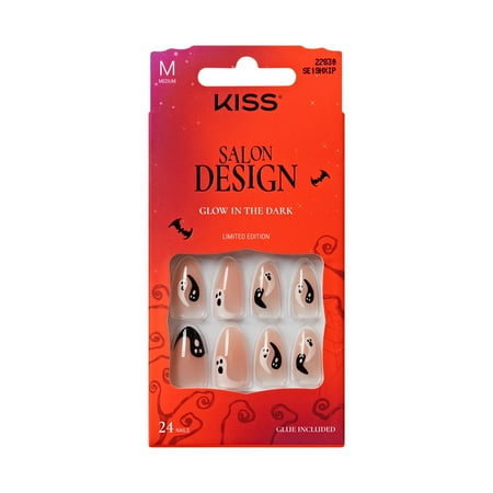 KISS Salon Design Halloween Press On Nails Almond, ‘So Boo-tiful’, Beige, Medium, 24 Count