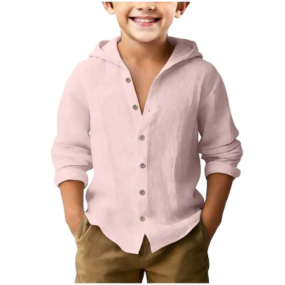 Karoyedx Kids T Shirts for Boys Cotton Linen Shirts Teen Button Down Long Sleeve 𝐆uayabera Shirts Collared Summer Dress School Formal Tops 14-15 Years Size,Pink