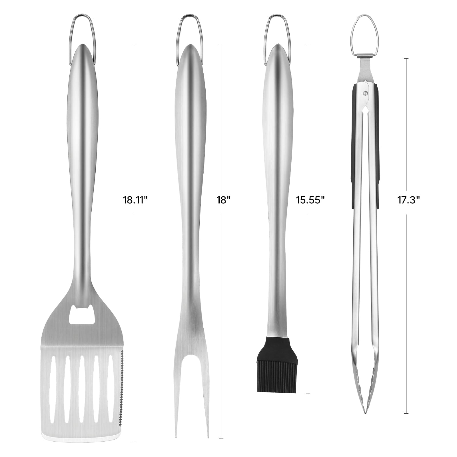 KFFKFF 4-Piece BBQ Grill Tool Set, Durable Stainless Steel Grilling Utensils with Tongs, Spatula, Fork, and Brush, Ideal for Outdoor Cooking and Gifting