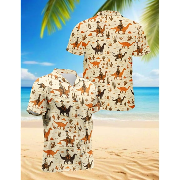Cowboy Riding Dinosaur Hawaiian Shirt for Men, Funny Style, Button Down Summer Beach Short Sleeve, S-5XL