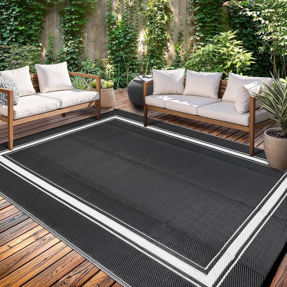 8x10 Outdoor Rug Modern Geometric Border Reversible Waterproof Easy-Clean for Patio Camping Black