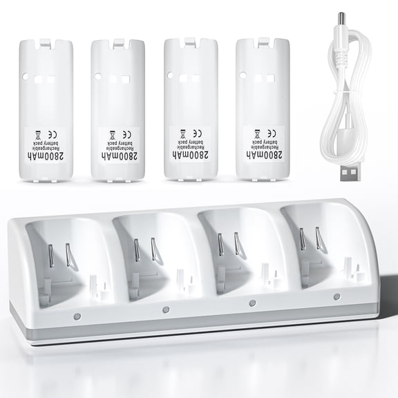 Rechargable Battery Compatible  with Wii Remote Controller Charger, 4 in 1 Wii Charging Dock Station with 4PCS 2800mAh Rechargeable Batteries for Wii/ Wii U Controller - White