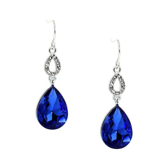 Silver Crystal Rhinestone in Teardrop Shape with Large Sapphire Teardrop Dangle Stone Earrings