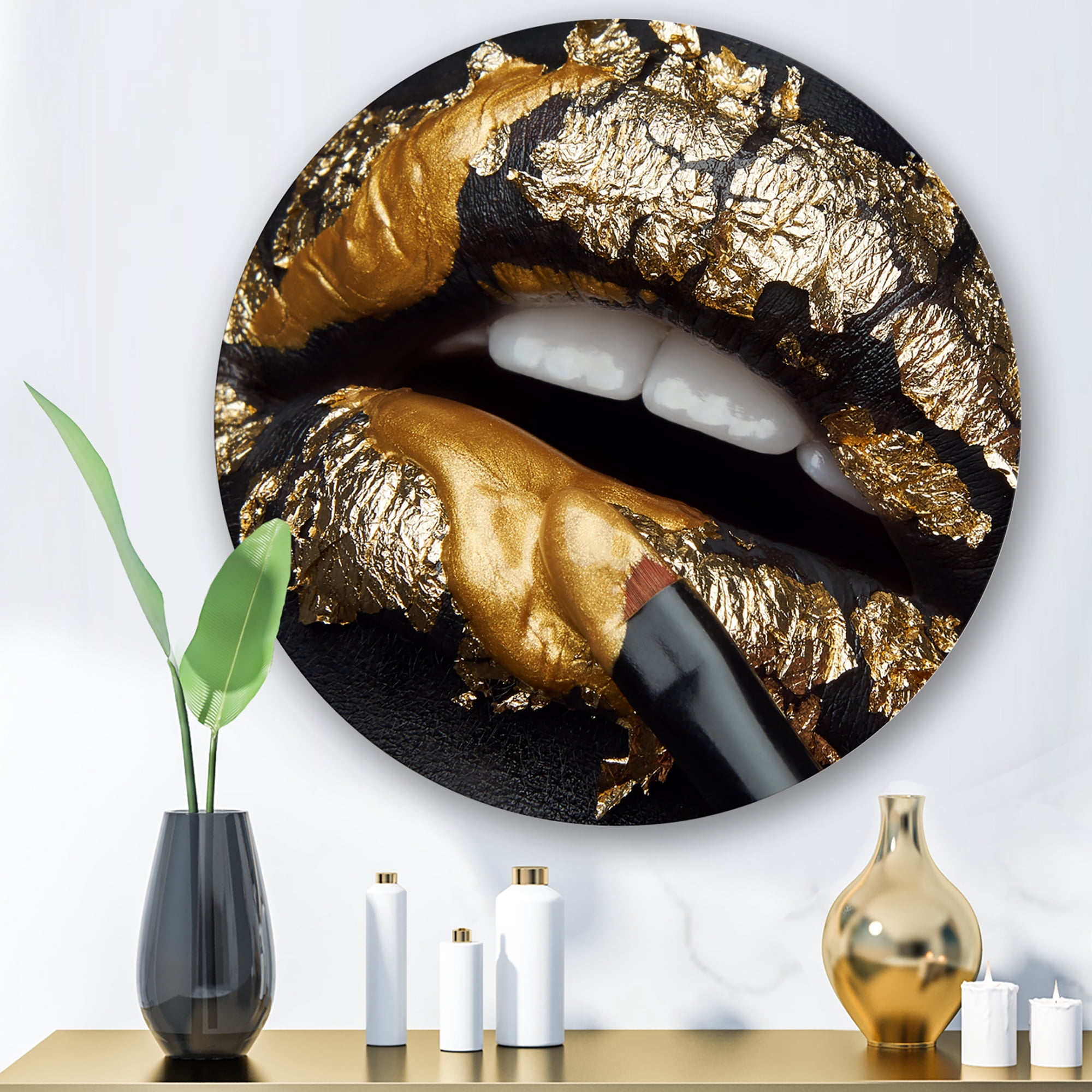 Designart 'Female Lips With Black Leather and Gold Foil' Modern Circle Metal Wall Art 23x23 - Disc of 23