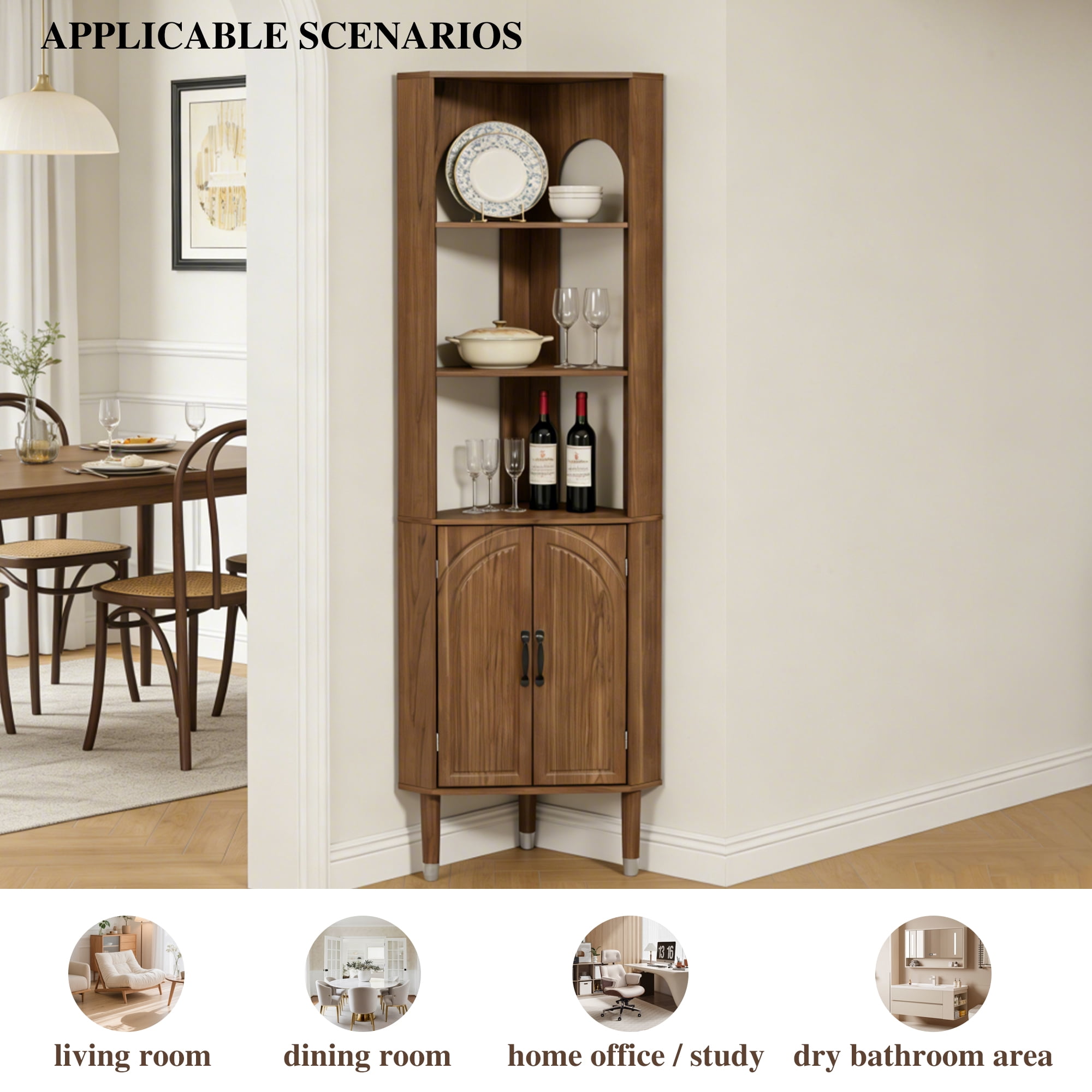72.3'' Tall Corner Cabinet with Doors & Shelves for Living Room, Bathroom, Kitchen, Walnut