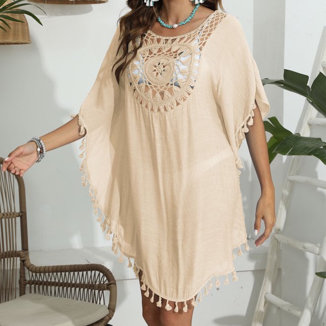 Mefallenssiah Femme Été Couleur Unie Épissage Pompons Plage Blouse à Manches Courtes Robe