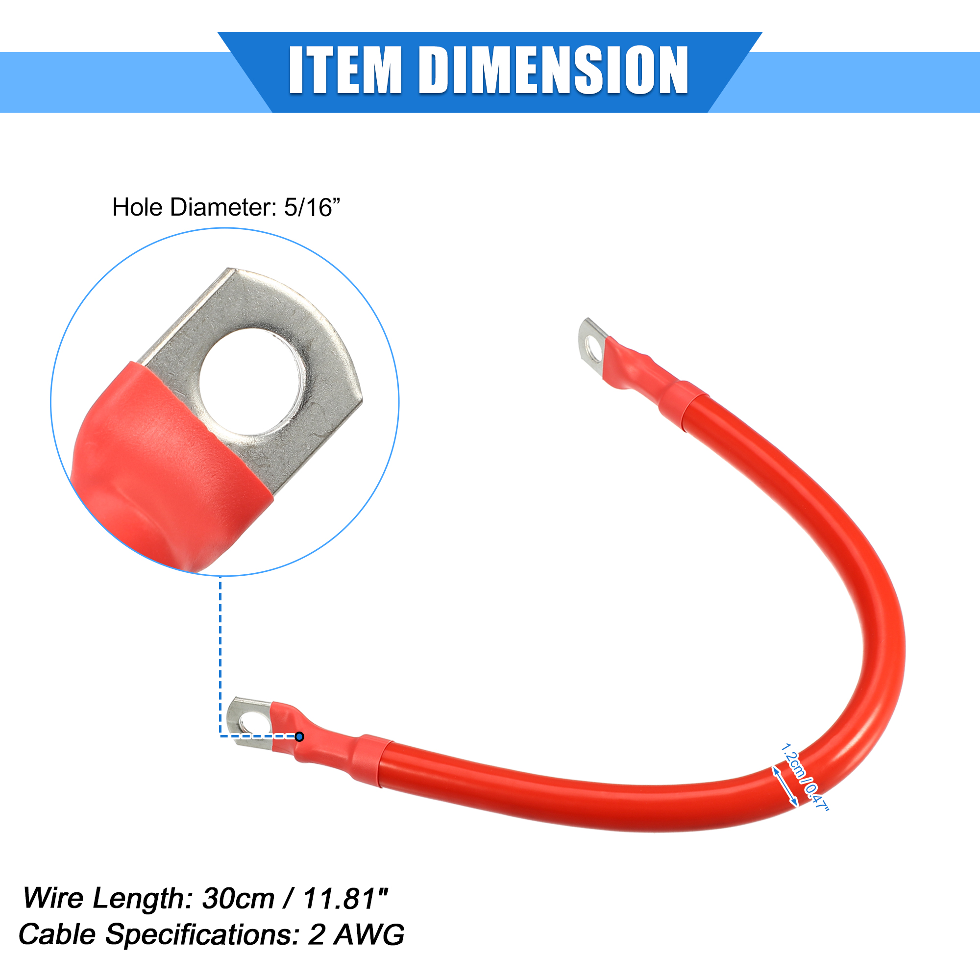Unique Bargains Battery Cable 2 AWG Gauge 30cm 5/16" Battery Wire Universal for Car Truck RV Durable Copper Red
