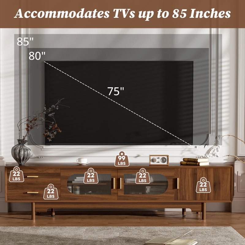 79-in TV Stand for TVs Up to 85", Storage Console Cabinet with Glass Doors & 2 Drawers, Entertainment Center with Cable Holes