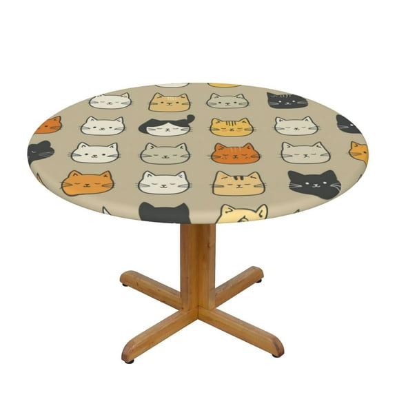Cute Cats Round Fitted Tablecloths Table Covers Wipeable Waterproof Elastic for Kitchen Dinning Parties Wedding Picnic Small Fits 40-44 Inch Table Size