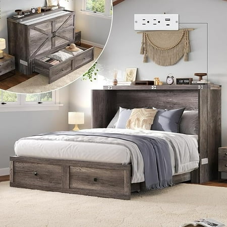 VanAcc Queen Size Murphy Bed with Charging Station, Farmhouse Cabinet Bed with Large Storage Drawer for Living Room, Guest Bedroom, Grey
