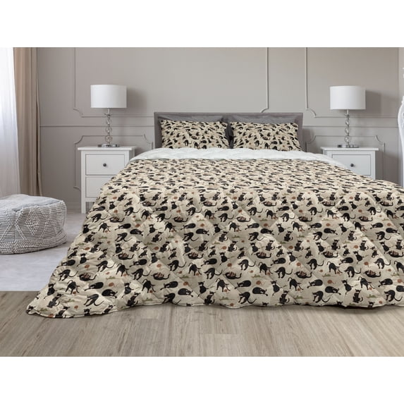 Cat Comforter & Sham Bedding Set, Hand Drawn Feline Pattern House Pet Playing with Mouse and a Ball of Yarn, 3 pcs Duvet Set Microfiber Filling Quilt, 5 Sizes, Black Tan Sea Green, by Ambesonne