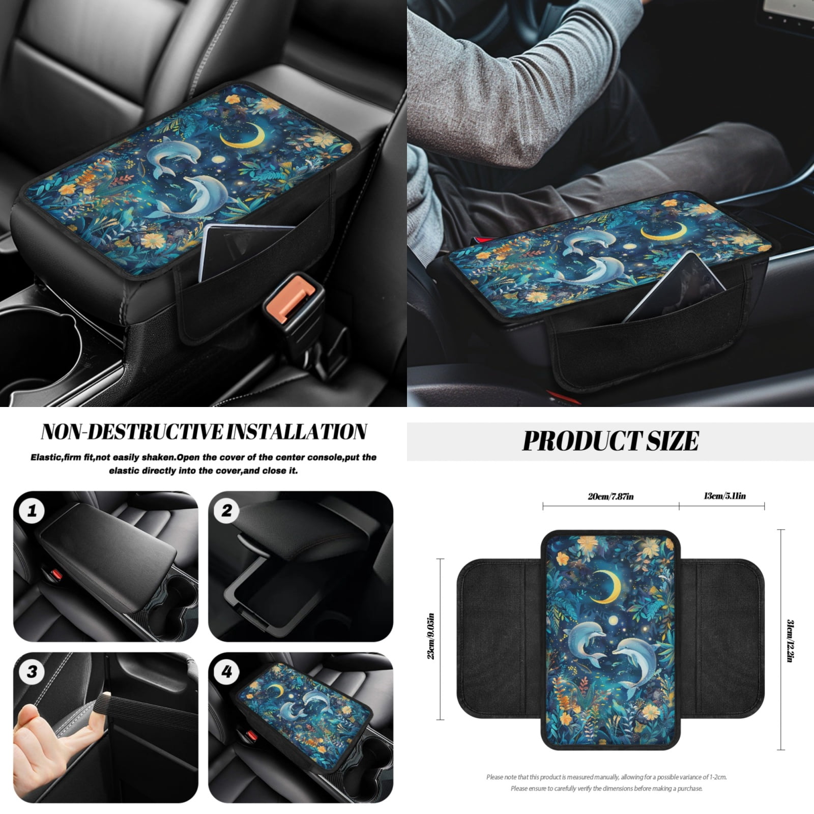 Jeiento Blue Dolphin Car Seat Cover Set with Auto Steering Wheel Cover Seat Belt Strap Protector Cup Holder Trash Bag Gear Shift Knob Cover Set Rear View Mirror Protector Floral Armrest Cover