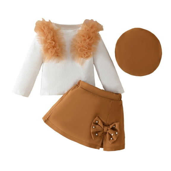 Agkizg Toddler Girls Outfit Sets Matching Sets for Kids Clothing Long Sleeve Mesh Ruffle Rib Knit Top Pearl Bow Short Skirt and Hat 3 Piece Girls Clothing Sets