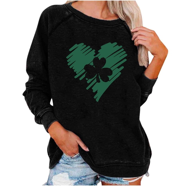 Besolor Chandails de la Saint-Patrick pour Femmes 2024 Imprimés Col Rond Manches Longues Hauts Décontractés Amples Chandail Blouse Tee