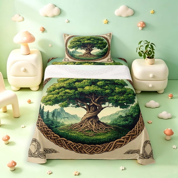 Homewish Vintage Nature Tree Twin Sheets,Mountain Landscape Bedding,Green Cream,3 Pieces,1 Flat Sheet,1 Fitted Sheet and 1 Pillowcase