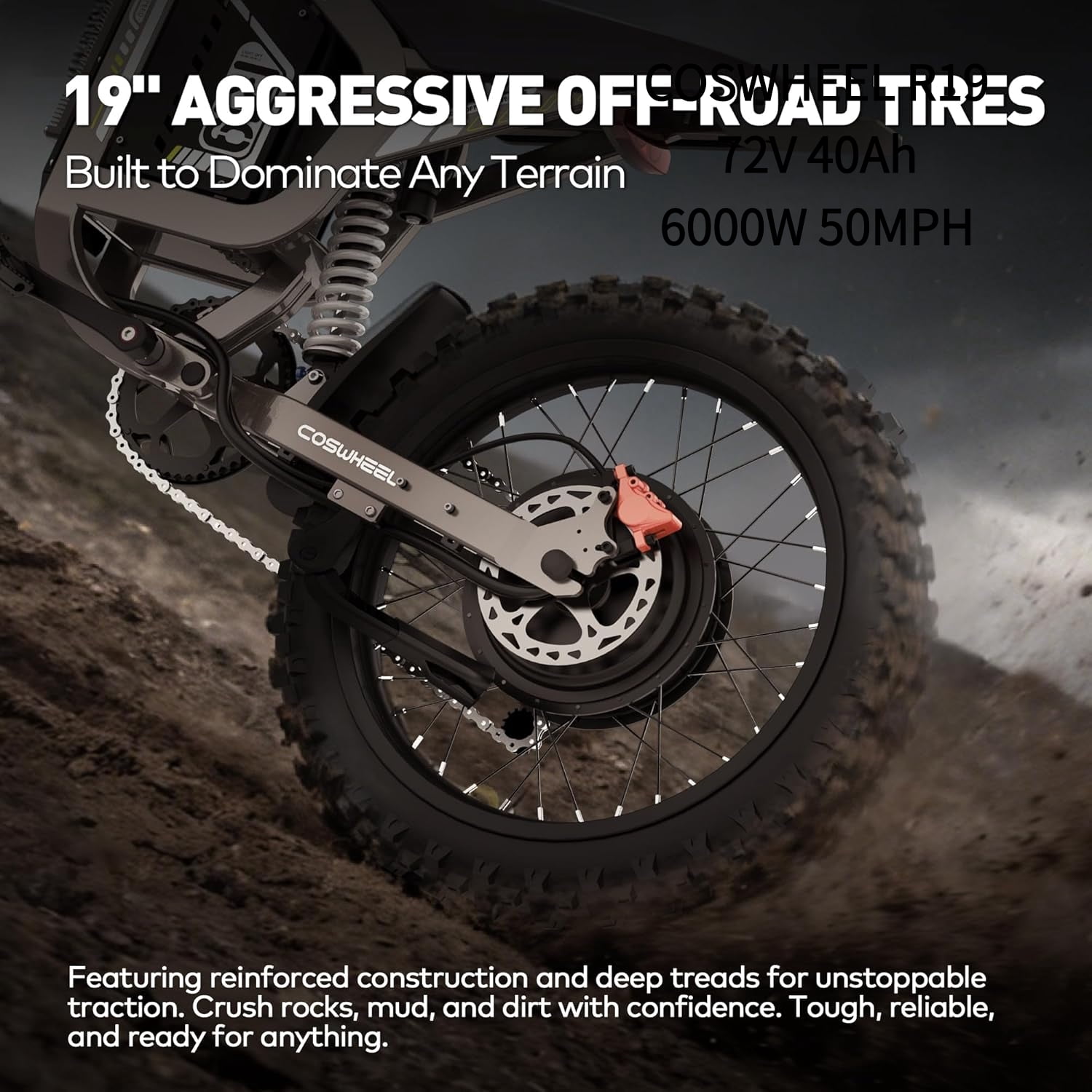 R19 COSWHEEL 6000W Peak 50MPH Electric Dirt Bike for Adults,72V 40Ah Battery,124 Miles Range Electric motorcycle, Dual Suspension, 19"all terrain tire UL2849