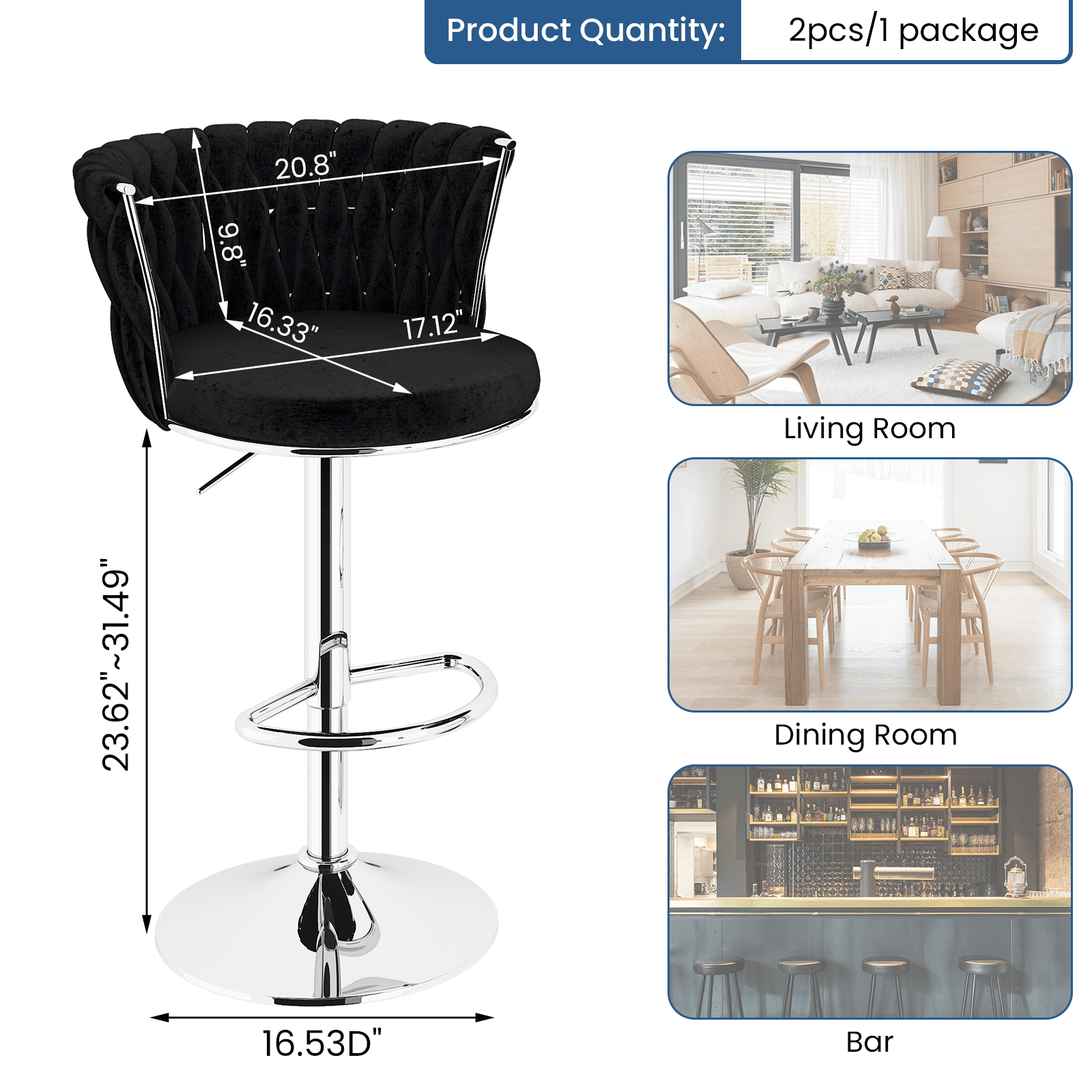 Baxluxe Velvet Bar Stools Set of 4, Swivel Counter Height Bar Chairs with Footrest, Metal Base Adjustable Bar Stools Island Chairs, Pub Style Chairs for Kitchen Island, Dining Room, Pub, Black