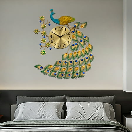 Luxury Peacock Large Wall Clock 3D Metal Living Room Wall Watch Home Decor NEW