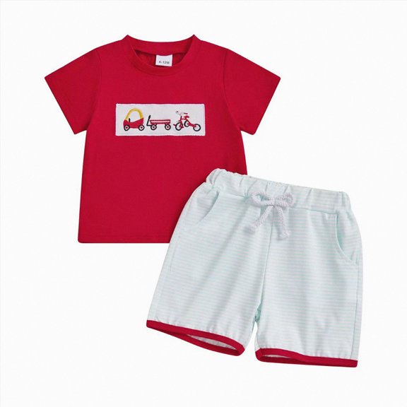 KPOPLK Toddler Baby Boys Clothes Summer Outfits Embroidered Short Sleeve Shirt Striped Shorts Set 2Pcs Boys Clothing Sets 12 Month-5T(3-6 Months,Red)