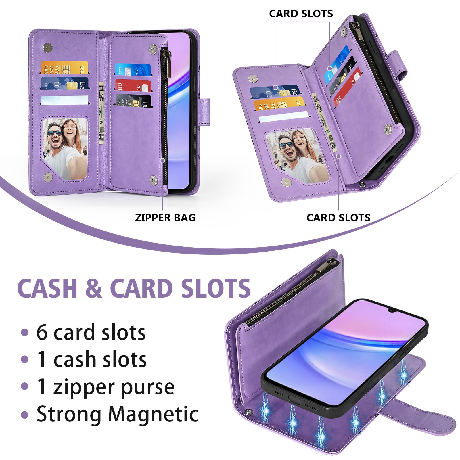 Asuwish Phone Case for Samsung Galaxy A15 5G/4G Zipper Wallet Magnetic Detachable Cell Cover with Tempered Glass Screen Protector Crossbody Strap Flower Card Holder Slot A 15 G5 15A Women Purple