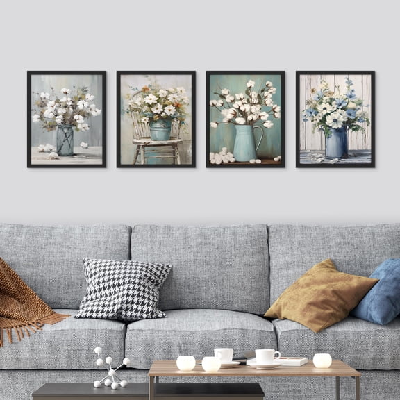 PixonSign Framed Wall Art Wildflowers in Vases Prints, Set of 4 Countryside Farm Wood Panel Paintings, Colorful Wall Décor, Floral Adhesive Canvas Posters for Home Decor - 11"x14" Black