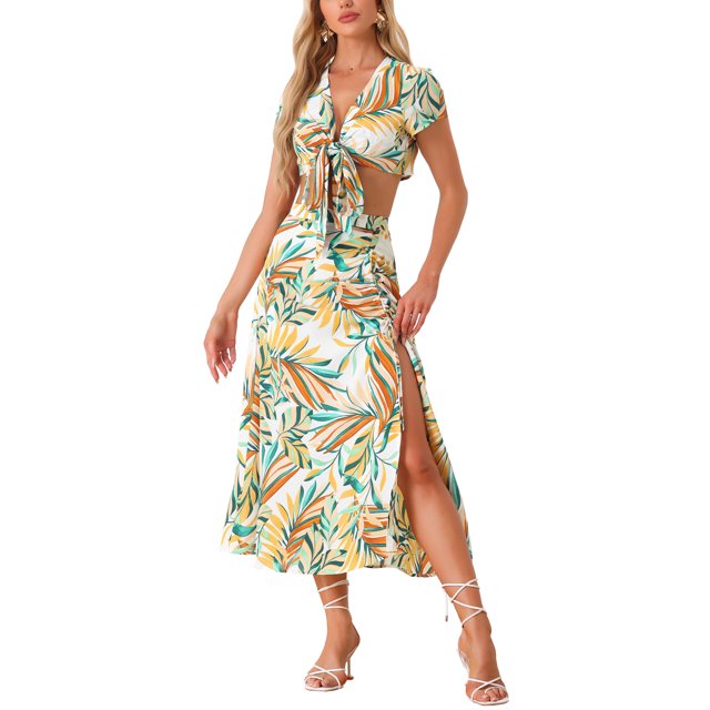 INSPIRAR CHIC Conjuntos Tropicales de 2 Piezas para Mujeres, Top Envolvente Hawaiano y Falda Maxi con Fruncido XS Blanca