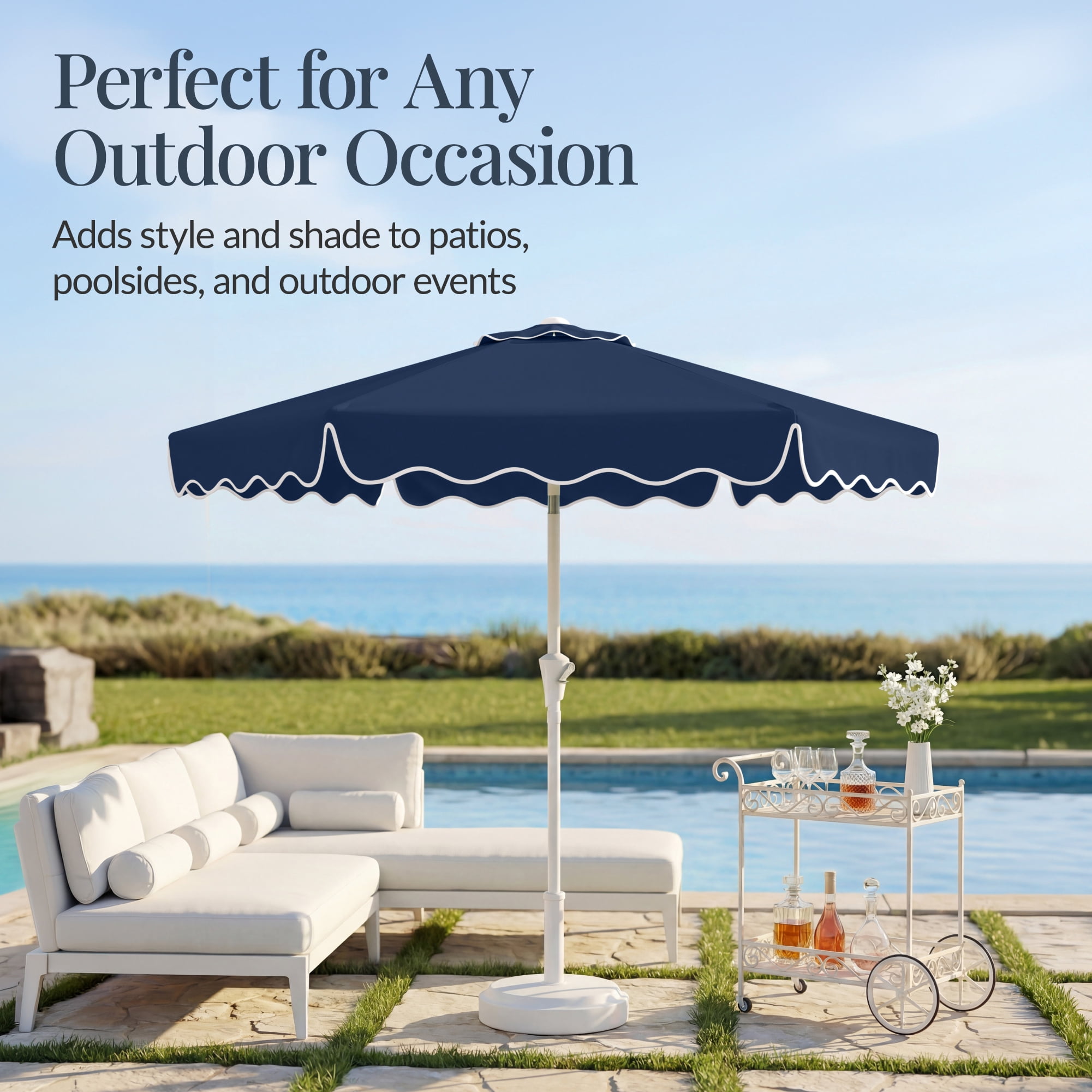 Best Choice Products 7.5ft Patio Market Umbrella with Wavy Trim, Fade-Resistant, Crank & Tilt, Wind Vent - Navy Blue