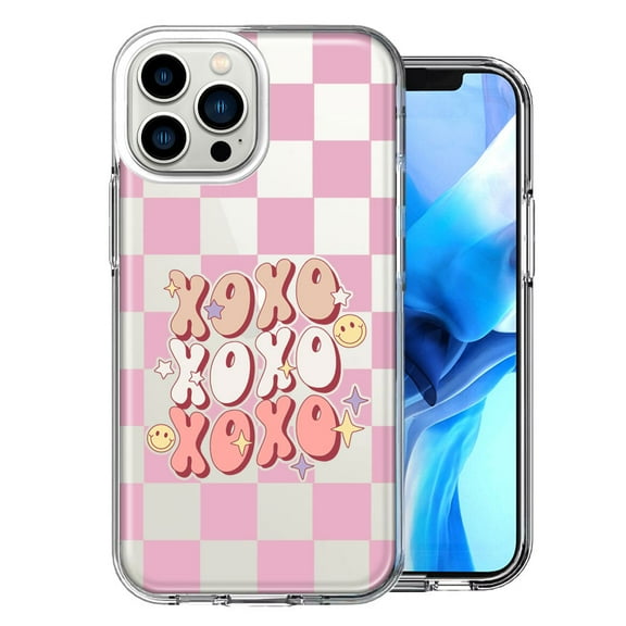 MUNDAZE Case for Apple iPhone 15 Pro Max Slim Hard Shell Soft TPU Hybrid Shockproof Heavy Duty Protective Phone Cover - Retro Pink Checkered XOXO Vintage 70s Style Hippie Valentine Love
