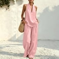 thumbnail image 5 of Sewkxo Womens Linen 2 Piece Sets Fashion Sleeveless V Neck Halter Top Matching Baggy Wide Leg Pants Set Summer Casual Outfits,Pink 2XL, 5 of 9