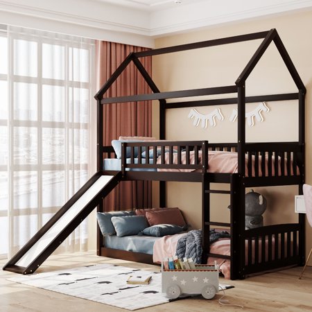uhomepro Low House Bunk Bed for Kids Bedroom  Twin Over Twin Bunk Bed Frame with Slide  Ladder  Heavy Duty Wood Twin Bunk Beds Mattress Foundation for Boys Girls  No Box Spring Needed  Espresso