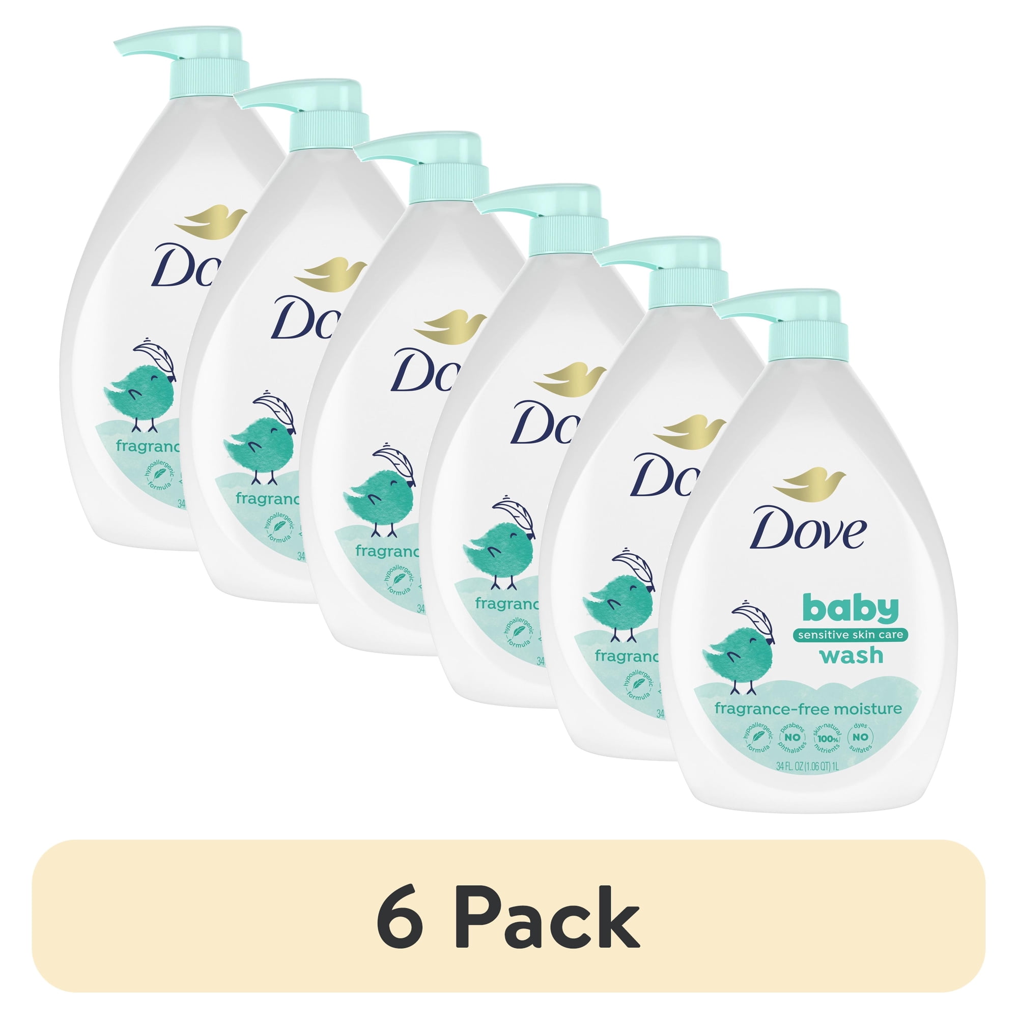 (6 pack) Baby Dove Sensitive Skin Care Baby Wash For Baby Bath Time Fragrance Free Moisture and Hypoallergenic, Washes Away Bacteria, 34 fl oz
