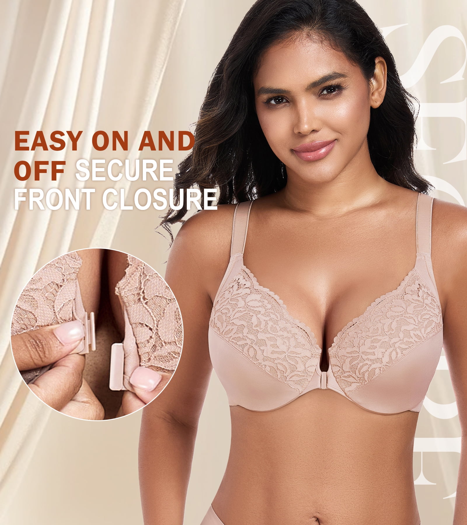 Exerin Women's Front Closure Non Padded Underwire Plus Size Posture Back Support Bra(36DDD,Beige)