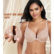 Exerin Women's Front Closure Non Padded Underwire Plus Size Posture Back Support Bra(36DDD,Beige)