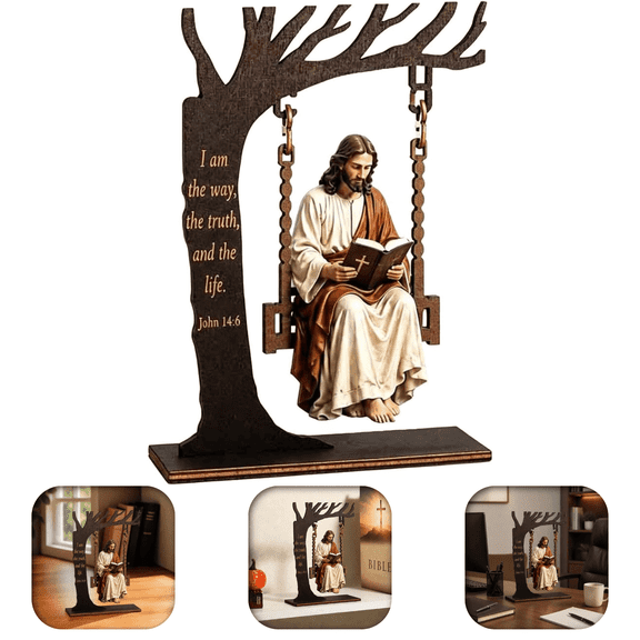 Christian Jesus Swing Ornament, Peaceful Jesus on a Swing Table Decor with John 14:6 Bible Verse, Religious Inspirational Gift for Home, Office, and Bookshelf