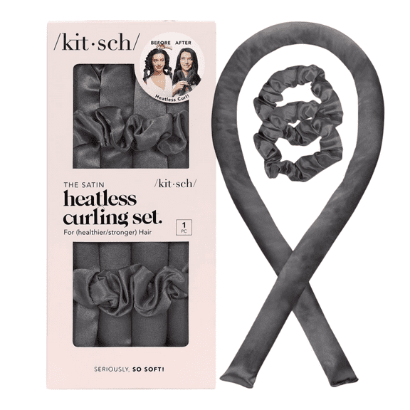 Kitsch Satin Heatless Curling Set with Foam Rod and Sleep Scrunchies in Charcoal