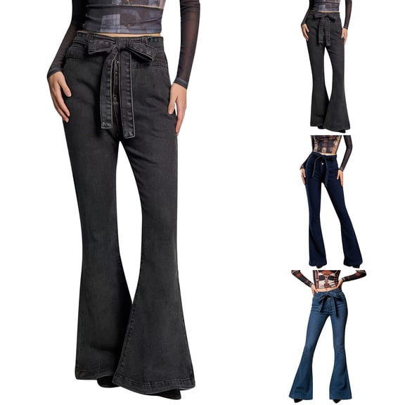 Women's Dark Wash High Waisted Flared Denim Jeans Retro Wide Leg