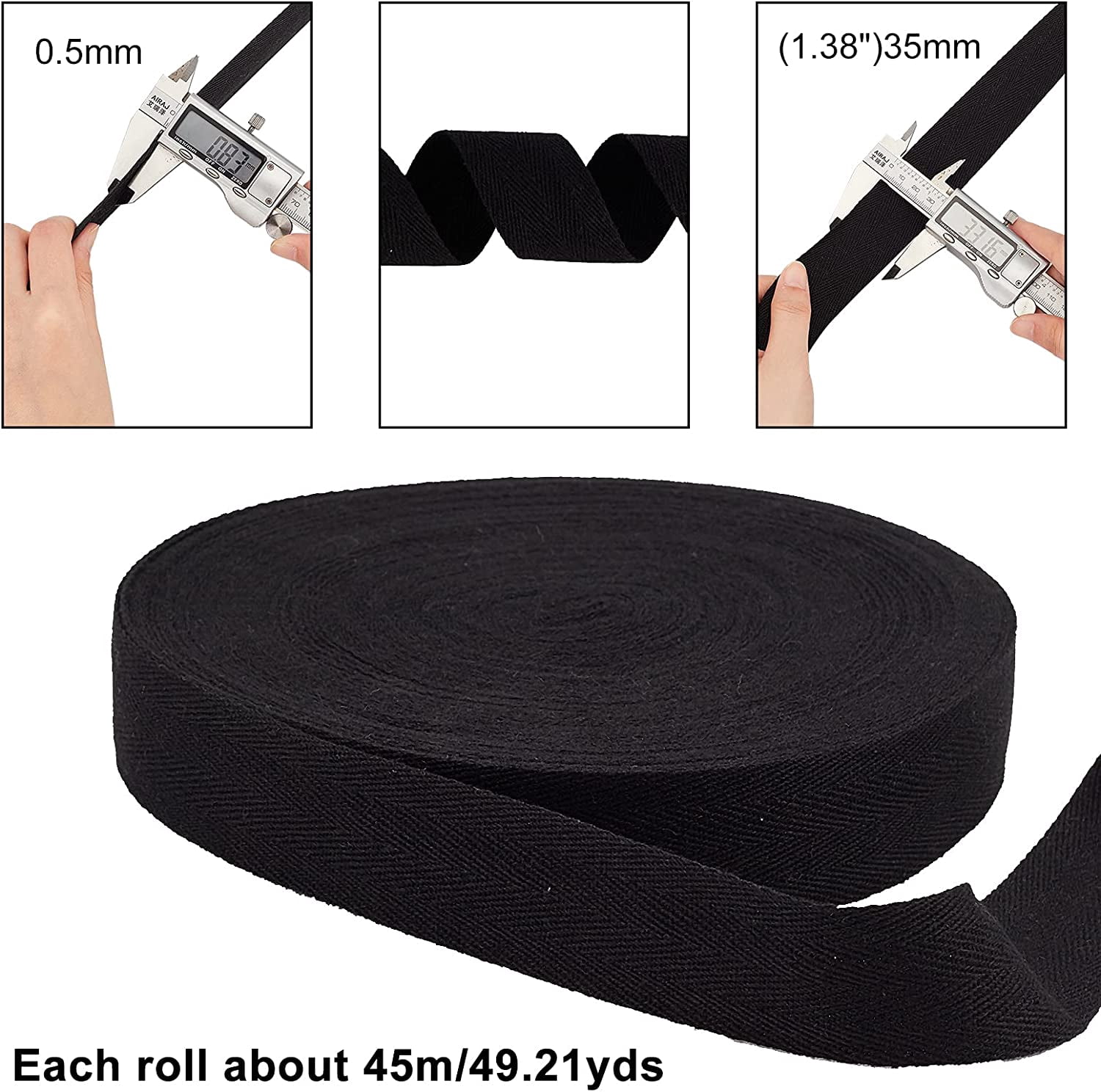 49 Yards(45m)/Roll Herringbone Cotton Webbings 35mm Wide Cotton Twill Tape Ribbons Cotton Herringbone Cords for Knit Sewing DIY Crafts Black Black