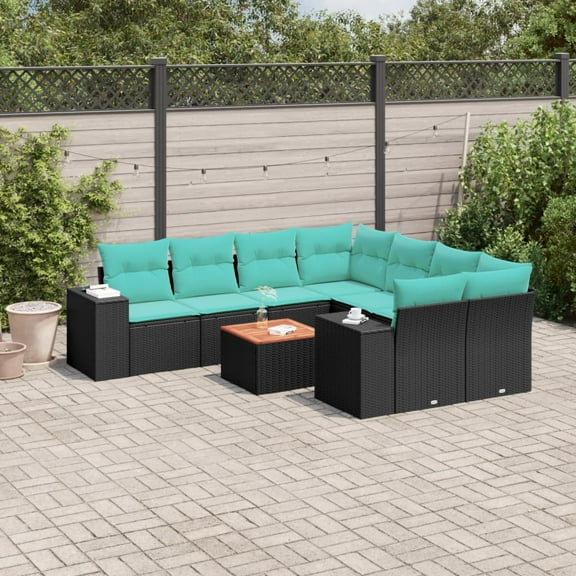 vidaXL 9 Piece Patio Sofa Set with Cushions Black Poly Rattan