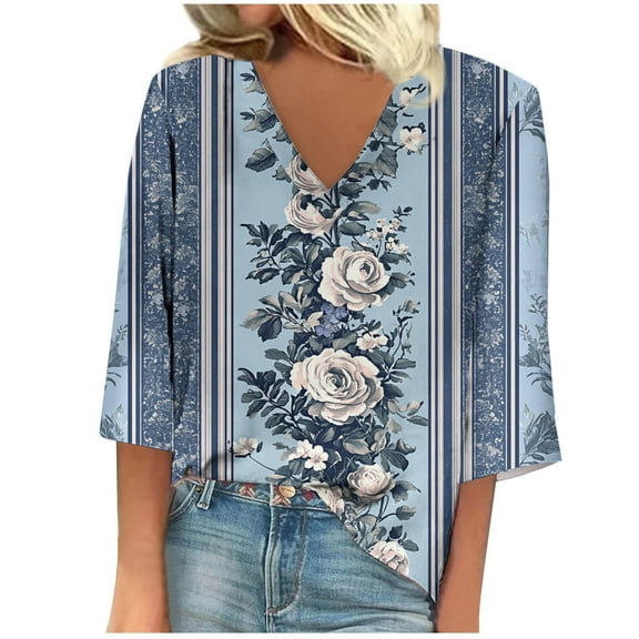 MIUOWANP Summer Casual Tops for Women Women's Half Sleeve Summer V-Neck Casual Tops Regular Printed Blouse Tops Blue L