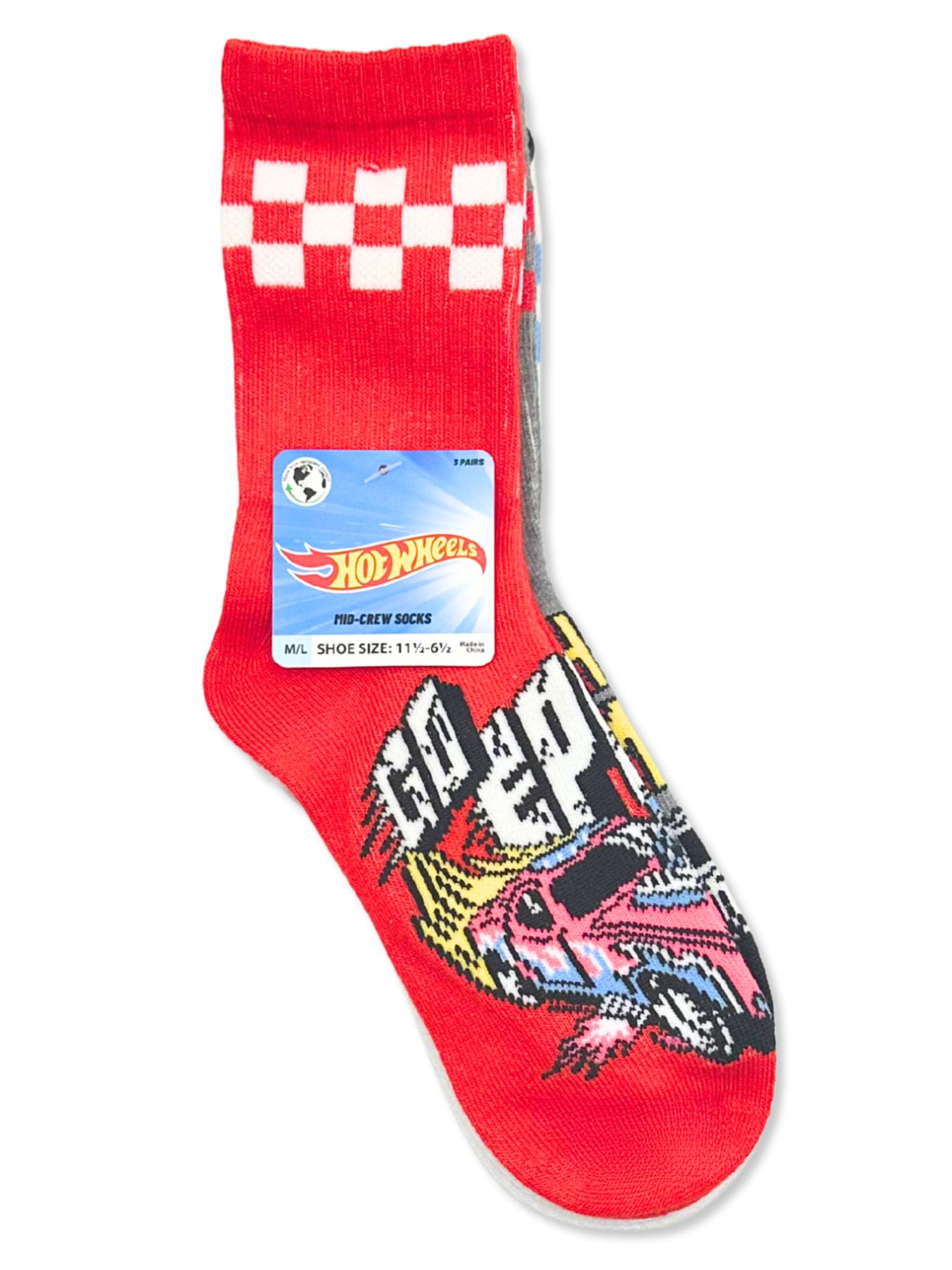 Hot Wheels Boys Mid-Crew Socks, 3-Pack, Sizes S/M-M/L