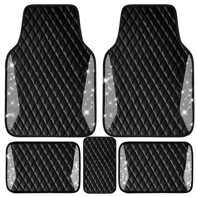 Alfombrillas CAR PASS de piel brillante con forma de diamante brillante, 5 unidades, negras