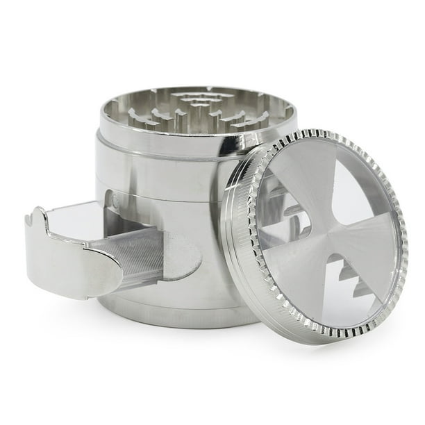 Hierba gruesa sal de hojas de sal de sal, grinder 4 capas, vanilla, trituradora, molino de especias, herramienta de filtro de molienda con bandeja de recolección de plata, plata. Inevent HA011039-01