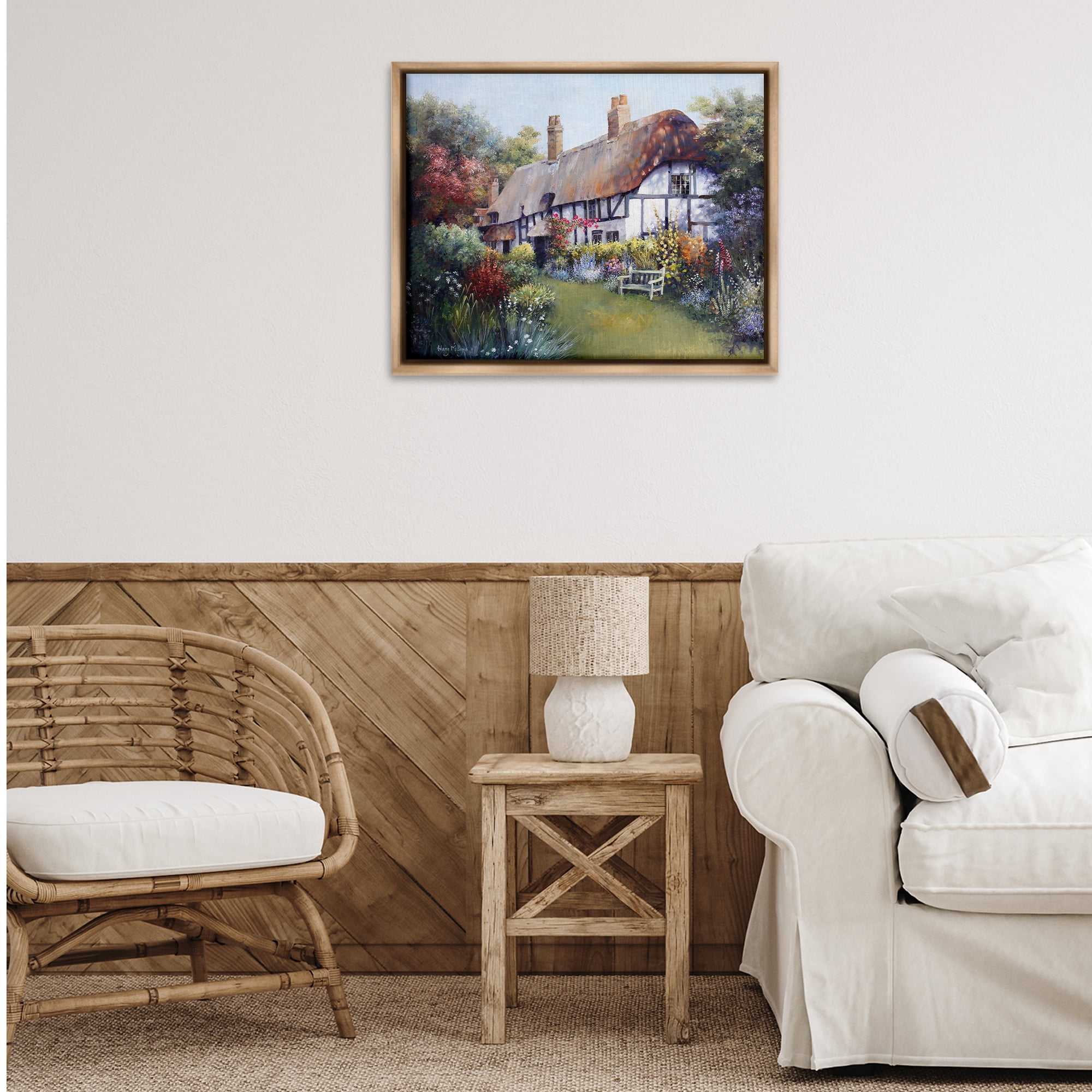 Stupell Industries Budding Cottage Garden Buildings & Architecture Painting Brown Floater Framed Canvas Art Print Wall Art, 31 x 25
