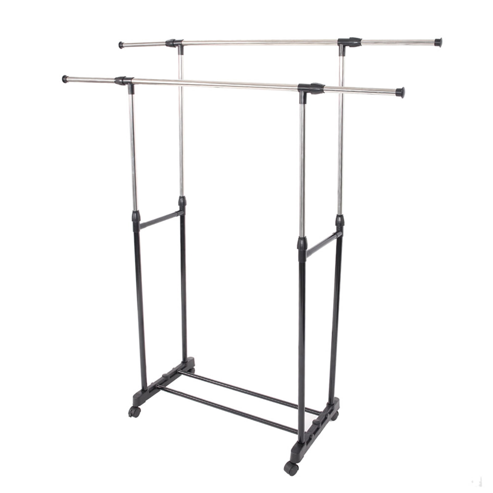 Clothes Rack with Shoe Shelf, Dual-bar Vertical & Horizontal Stretching Stand, Black & Silver