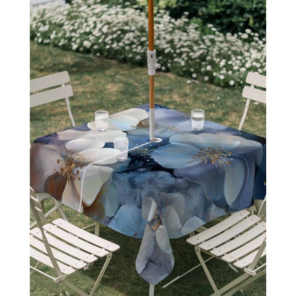 Outdoor Tablecloth with Umbrella Hole, Watercolor White Navy Blue Floral Foliage Zippered Table Cloth for Rectangle Tables, Abstract Flower Washable Waterproof Tablecloths for Picnic Patio Garden