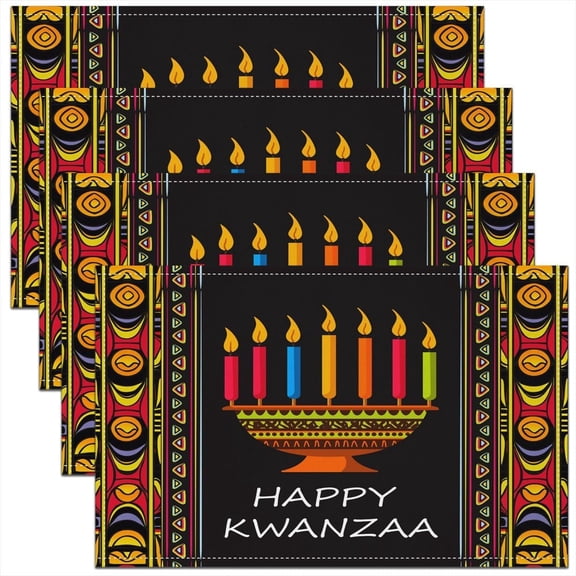 Happy Kwanzaa Table Mats 12x18 Set of 4 Kwanzaa Kinara Set Placemats for African American Kwanzaa Unity Cup Place Mats Rustic Aztec Geometric Print Meal Mats Candle Holder Kwanzaa Ornaments,Black