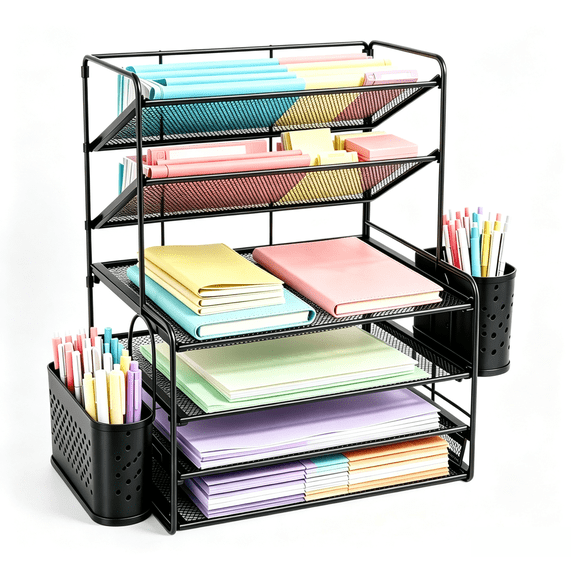 Olakula Desk Organizers and Accessories, 6-Tier Desktop File Organizer with 2-Pen Holders, Workspace Organizers for Office & School, Black.
