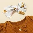 thumbnail image 3 of Baby Girl Outfit Sets Solid Ribbed Romper Floral Bow Shorts Headbands Summer Girls' Clothing Sets Cute Shorts Set Coffee 0-6 Months, 3 of 5