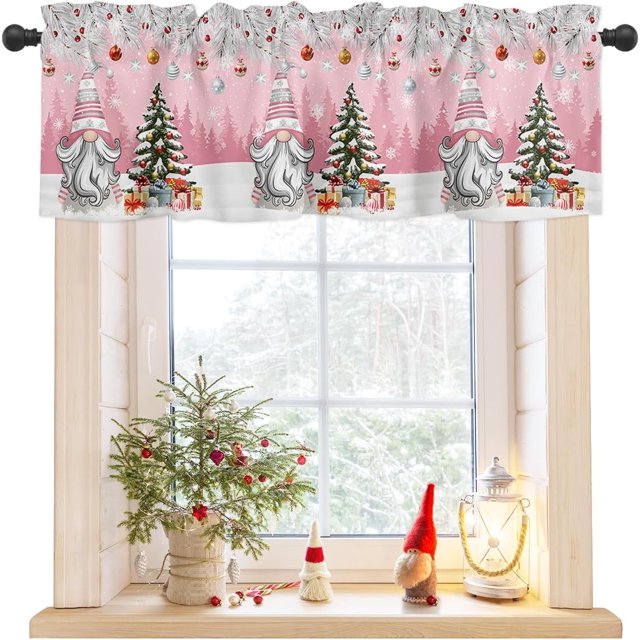 Christmas Gnome Valance Curtains for Kitchen Windows Winter Merry Christmas Tree Balls Rod Pocket Window Treatment Toppers for Kitchen/Living Room/Bedroom/Bathroom, 54" X 18", Pink