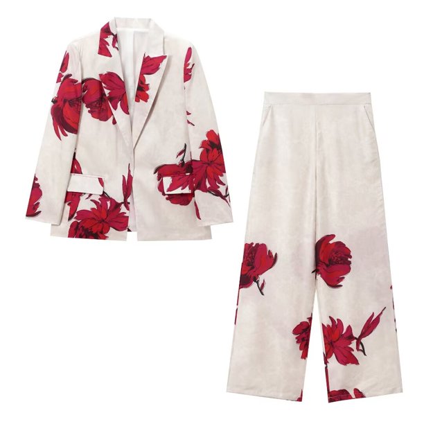 TRAF-Conjunto de dos piezas con estampado elegante para mujer, traje de Blazer y pantalones de pierna ancha, chándal clásico de oficina, 2024